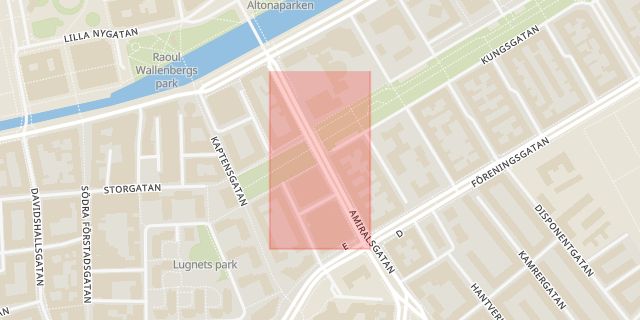 Karta som med röd fyrkant ramar in Kungsgatan, Amiralsgatan, Malmö, Skåne län