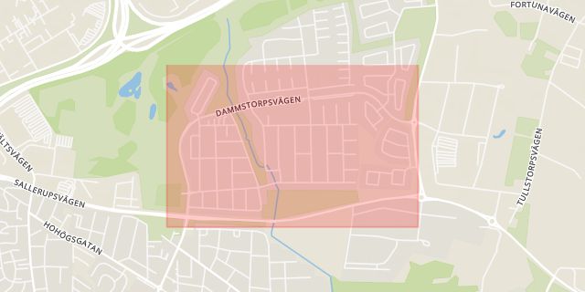 Karta som med röd fyrkant ramar in Husie, Dammstorpsvägen, Malmö, Skåne län