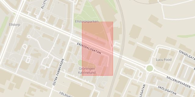 Karta som med röd fyrkant ramar in Katrinelund, Malmö, Skåne län