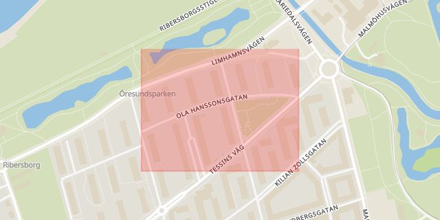 Karta som med röd fyrkant ramar in Ribersborg, Ola Hanssonsgatan, Malmö, Skåne län