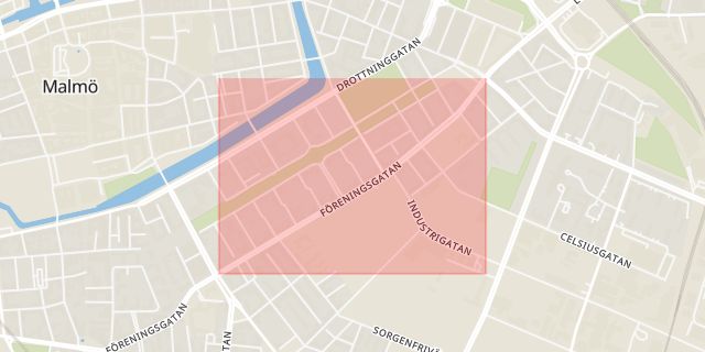 Karta som med röd fyrkant ramar in Rörsjöstaden, Föreningsgatan, Malmö, Skåne län