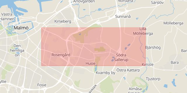 Karta som med röd fyrkant ramar in Sallerupsvägen, Malmö, Skåne län
