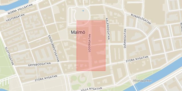 Karta som med röd fyrkant ramar in Södergatan, Malmö, Skåne län