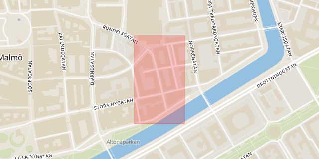 Karta som med röd fyrkant ramar in Rörsjögatan, Malmö, Skåne län