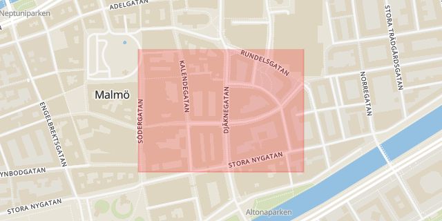 Karta som med röd fyrkant ramar in Baltzarsgatan, Malmö, Skåne län