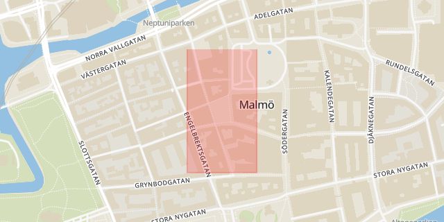 Karta som med röd fyrkant ramar in Köpenhamn, Lilla Torg, Malmö, Skåne län