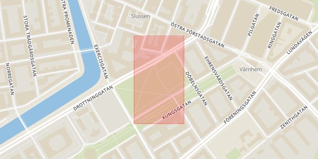 Karta som med röd fyrkant ramar in Rörsjöparken, Exercisgatan, Malmö, Skåne län