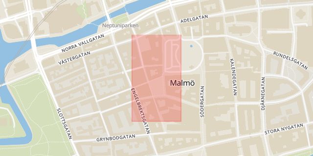 Karta som med röd fyrkant ramar in Pildammsparken, Lilla Torg, Möllevångstorget, Malmö, Skåne län