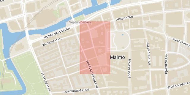 Karta som med röd fyrkant ramar in Isak Slaktaregatan, Malmö, Skåne län