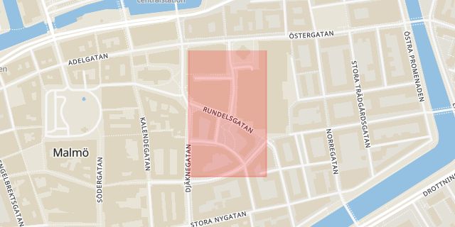 Karta som med röd fyrkant ramar in Rundelsgatan, Malmö, Skåne län