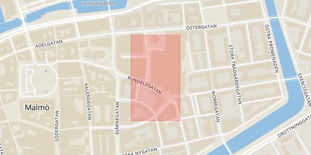 Karta som med röd fyrkant ramar in Rundelsgatan, Kattsundsgatan, Malmö, Skåne län