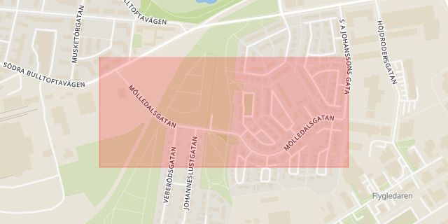 Karta som med röd fyrkant ramar in Kirseberg, Mölledalsgatan, Malmö, Skåne län