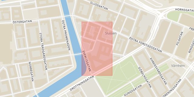 Karta som med röd fyrkant ramar in Ribersborgsstranden, Rättscentrum, Porslinsgatan, Malmö, Skåne län