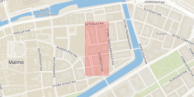 Karta som med röd fyrkant ramar in Norregatan, Malmö, Skåne län
