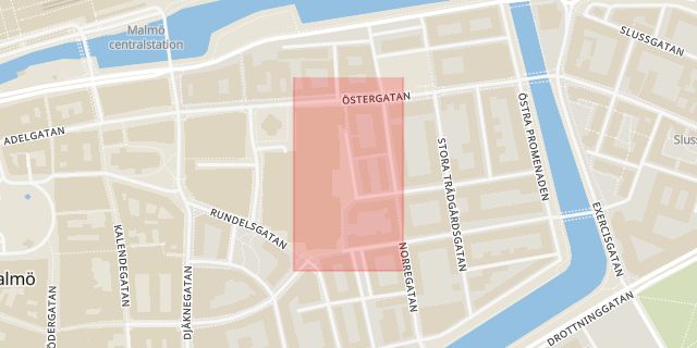 Karta som med röd fyrkant ramar in Humlegatan, Caroli, Malmö, Skåne län