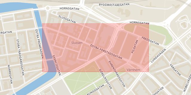 Karta som med röd fyrkant ramar in Värnhem, Östra Förstadsgatan, Malmö, Skåne län
