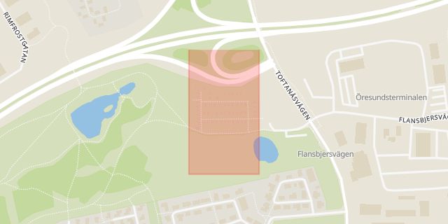 Karta som med röd fyrkant ramar in Toftanäsvägen, Trafikplats Flansbjer, Malmö, Skåne län