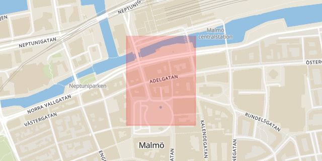Karta som med röd fyrkant ramar in Adelgatan, Malmö, Skåne län