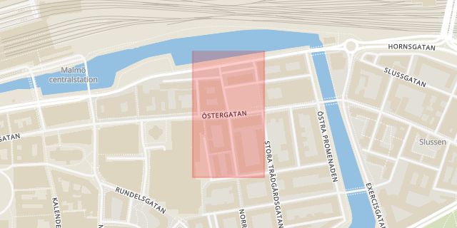 Karta som med röd fyrkant ramar in Drottningtorget, Östergatan, Malmö, Skåne län