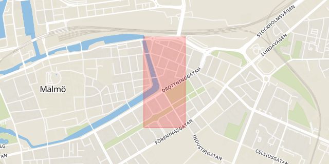 Karta som med röd fyrkant ramar in Exercisgatan, Malmö, Skåne län