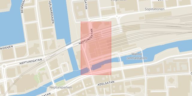 Karta som med röd fyrkant ramar in Malmö Centralstation, Malmö, Skåne län