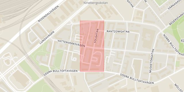 Karta som med röd fyrkant ramar in Kirseberg, Solgatan, Malmö, Skåne län