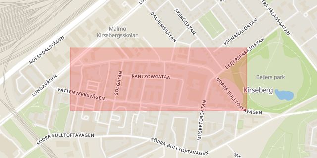 Karta som med röd fyrkant ramar in Norra Bulltoftavägen, Malmö, Skåne län