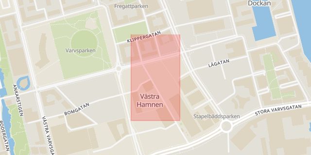 Karta som med röd fyrkant ramar in Stapelbäddsparken, Malmö, Skåne län