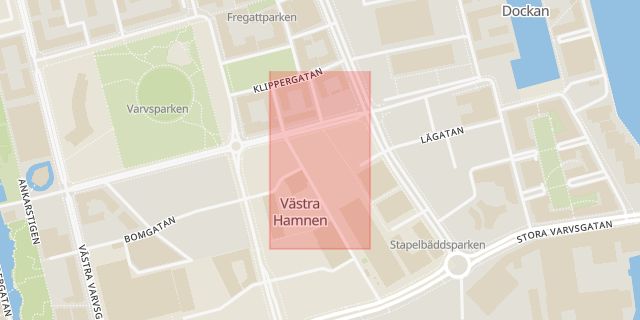 Karta som med röd fyrkant ramar in Västra Hamnen, Stapelbäddsparken, Malmö, Skåne län