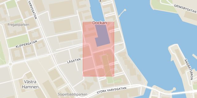 Karta som med röd fyrkant ramar in Dockplatsen, Malmö, Skåne län