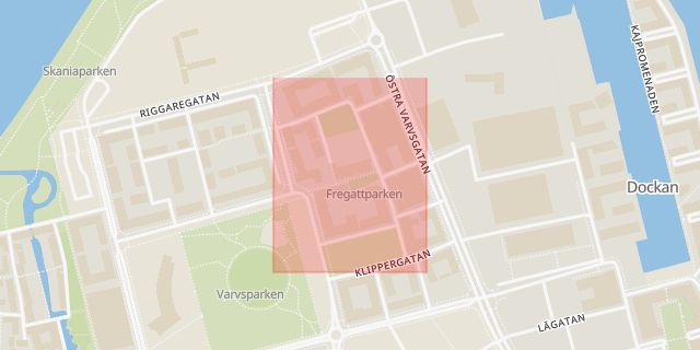 Karta som med röd fyrkant ramar in Fregattgatan, Malmö, Skåne län