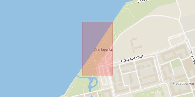 Karta som med röd fyrkant ramar in Scaniabadet, Malmö, Skåne län