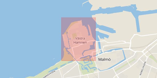 Karta som med röd fyrkant ramar in Västra Hamnen, Hamnen, Malmö, Skåne län