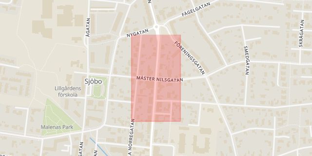 Karta som med röd fyrkant ramar in Norregatan, Mäster Nilsgatan, Sjöbo, Skåne län