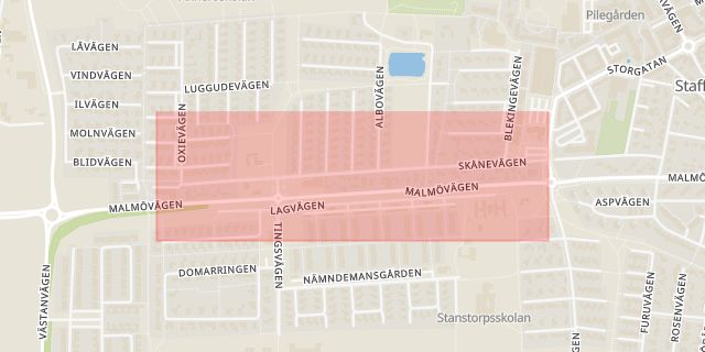 Karta som med röd fyrkant ramar in Skånevägen, Staffanstorp, Skåne län
