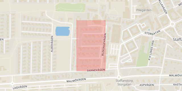 Karta som med röd fyrkant ramar in Smålandsvägen, Staffanstorp, Skåne län