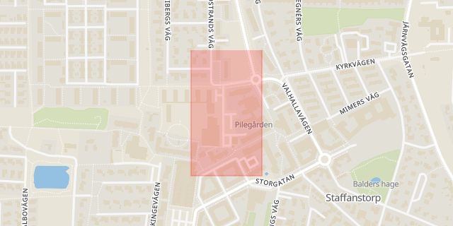 Karta som med röd fyrkant ramar in Skolgatan, Staffanstorp, Skåne län