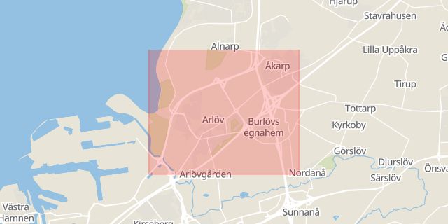 Karta som med röd fyrkant ramar in Arlöv, Burlöv, Skåne län