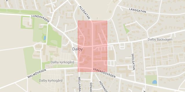 Karta som med röd fyrkant ramar in Dalby, Lund, Skåne län