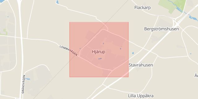 Karta som med röd fyrkant ramar in Hjärup, Staffanstorp, Skåne län