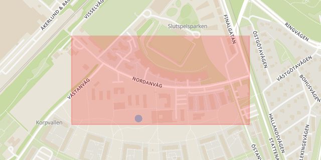 Karta som med röd fyrkant ramar in Nordanväg, Lund, Skåne län