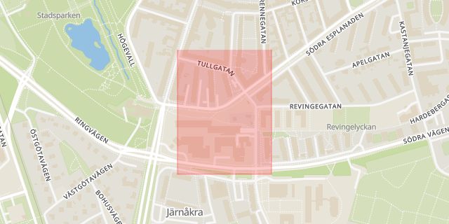 Karta som med röd fyrkant ramar in Tullgatan, Lund, Skåne län