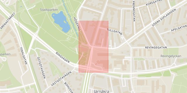Karta som med röd fyrkant ramar in Stora Södergatan, Södra Esplanaden, Lund, Skåne län