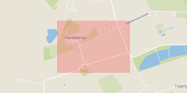 Karta som med röd fyrkant ramar in Hardeberga, Lund, Skåne län