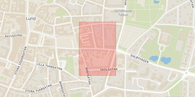 Karta som med röd fyrkant ramar in Östra Mårtensgatan, Lund, Skåne län