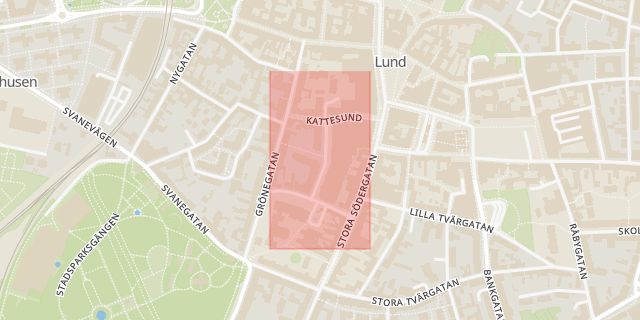 Karta som med röd fyrkant ramar in Staffans Gränd, Lund, Skåne län