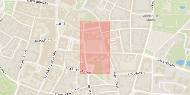 Karta som med röd fyrkant ramar in Mårtenstorget, Lund, Skåne län