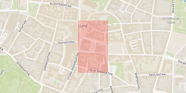 Karta som med röd fyrkant ramar in Botulfsplatsen, Lund, Skåne län