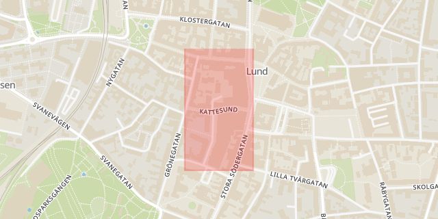 Karta som med röd fyrkant ramar in Kattesund, Lund, Skåne län