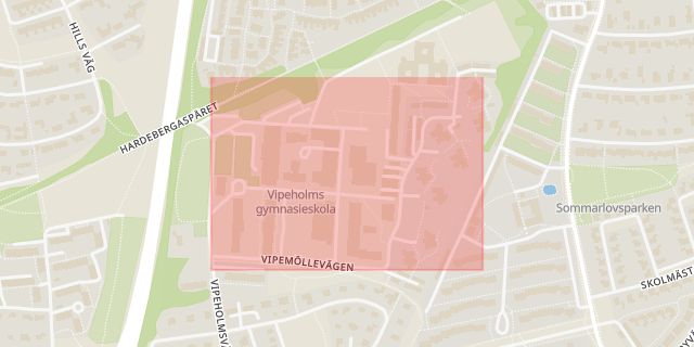 Karta som med röd fyrkant ramar in Vipemöllevägen, Överlärarevägen, Lund, Skåne län